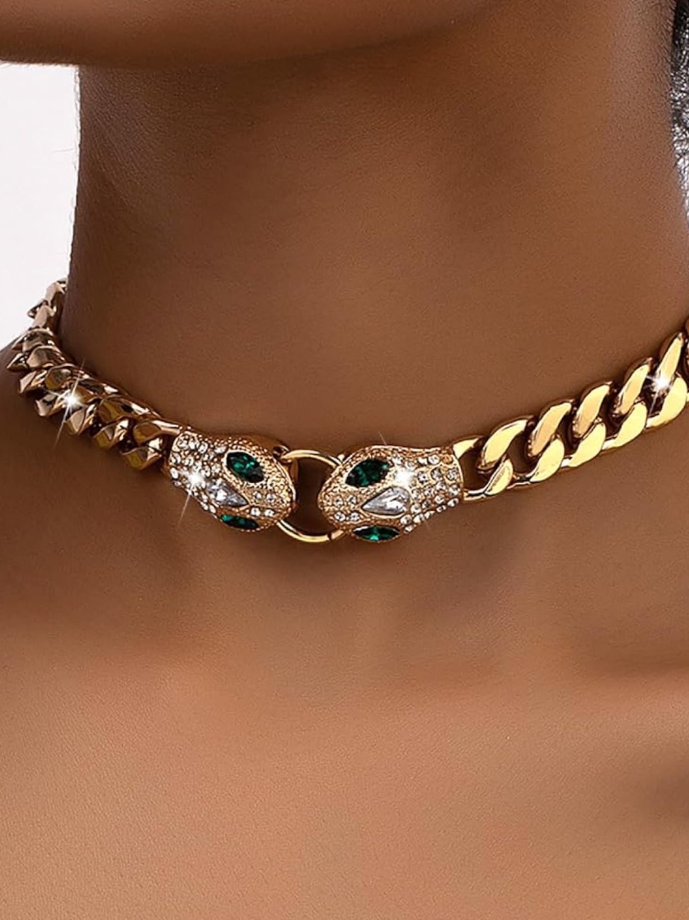 Anthropologie Gold Snake-Head Choker with Emerald Crystals